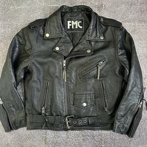 Girls Vintage 90's FMC Black Leather Belted Motorcycle Bomber Zip Jacket Sz 14